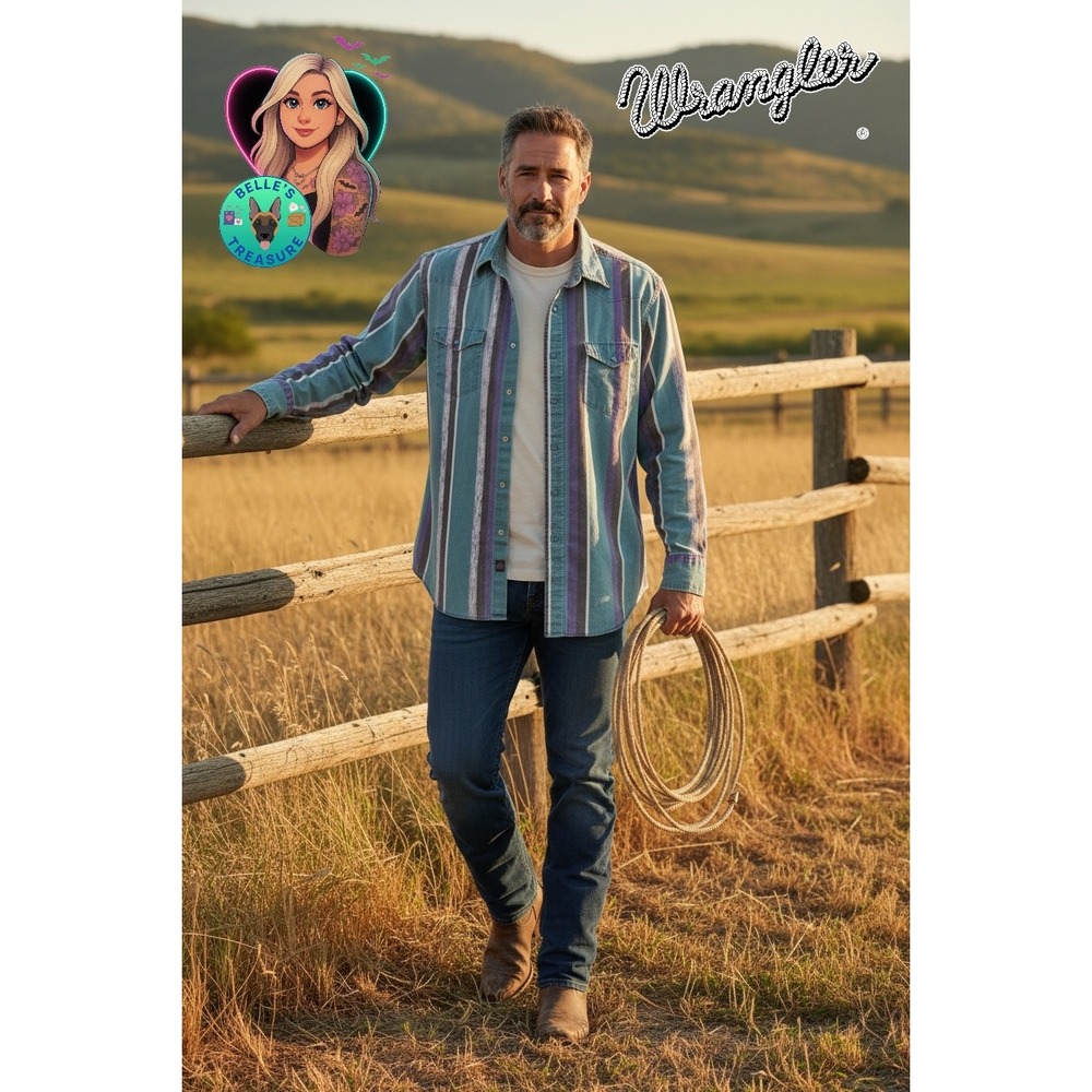 RARE Vintage Wrangler Brushpopper‎ Shirt Large 16.5 35 Western Rodeo Teal Cowboy